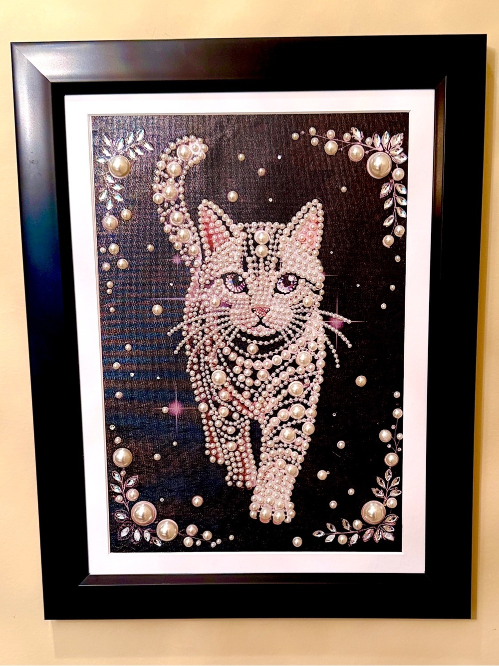 Framed Pearl Cat Wall Art | Crystal Embellished Mixed Media | 18” x 14” - Picture 5 of 10